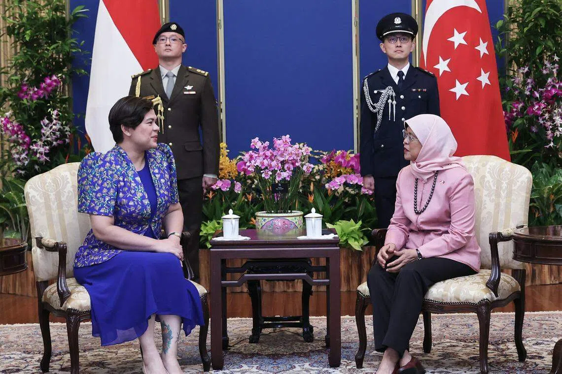 哈莉玛总统（右）与菲律宾副总统兼教育部长莎拉会面。（外交部提供）