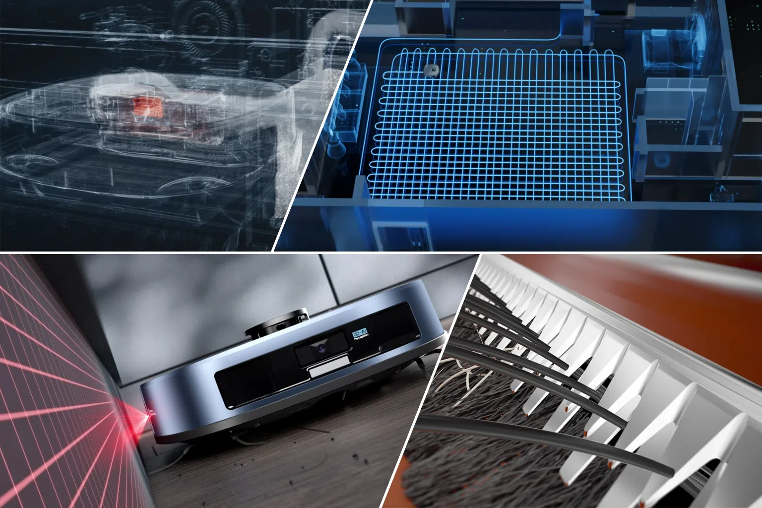 智能WashBot有着卓越的扫拖性能，例如：（从左上图顺时针）大容量集成盒、井字路径确保不漏扫拖、断发功能避免毛发缠绕、激光导航识别障碍物。（图/美的提供）