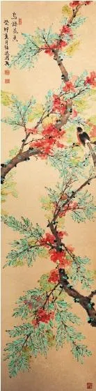 吴怡龙的《鸟语花香》用上石绿，显得清丽。（受访者提供）