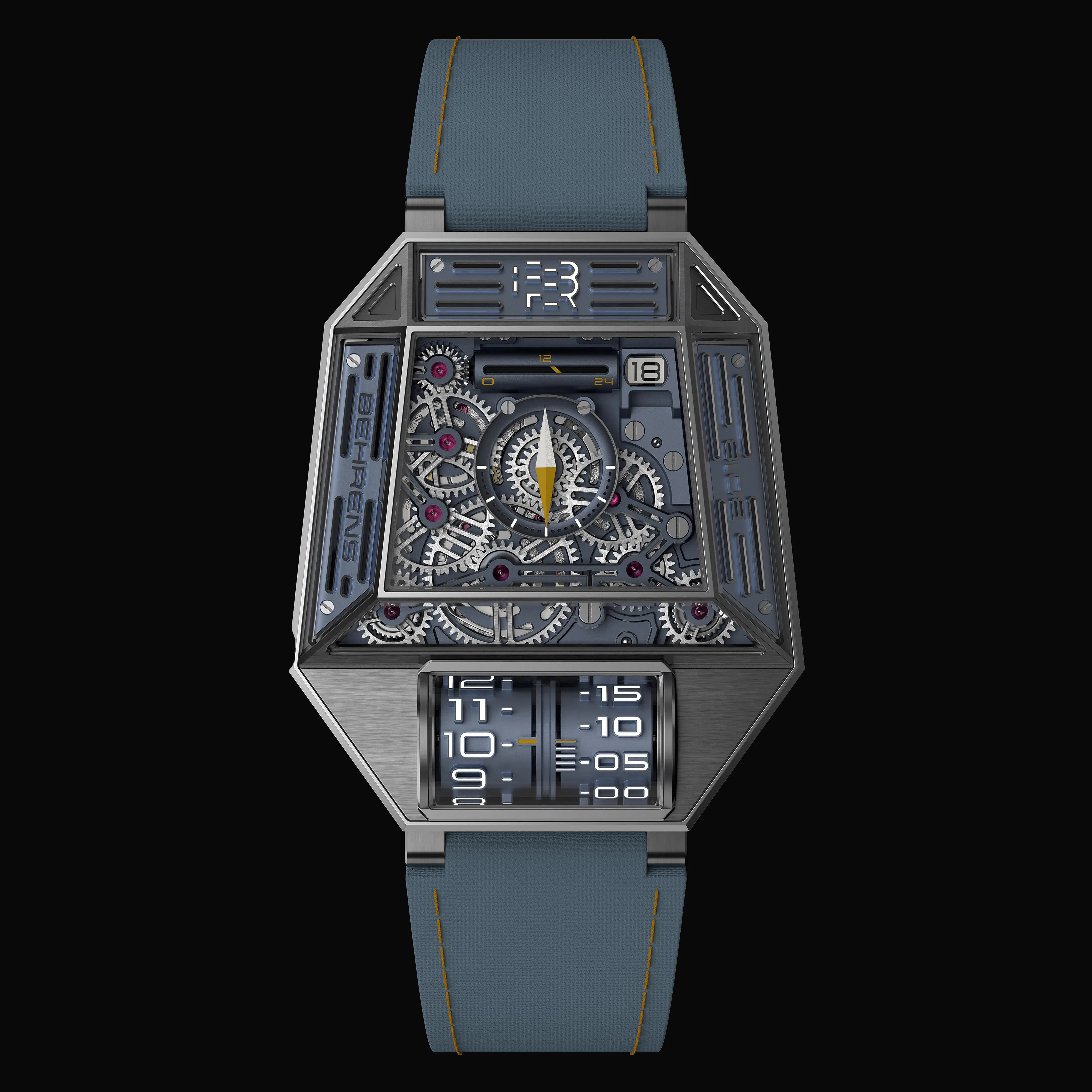 Behrens以“母舰”意象打造的Orion One极具未来感，316L钢表壳有多达40个切面，三扇窗洞窥见机芯奇观。（GPHG提供）