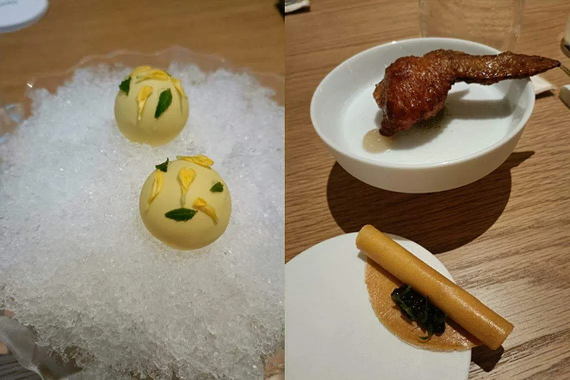 Born餐馆新菜单以主厨陈茳誔的个人美食记忆为主题，如以柔佛州北干那那的黄梨制成开胃小点（左），或以快餐店炸薯条配雪糕的咸甜滋味为灵感制成马铃薯脆卷（右图下）和反转猪肚鸡概念的鸡翅猪肚（右图上）。（黄亿敏摄）