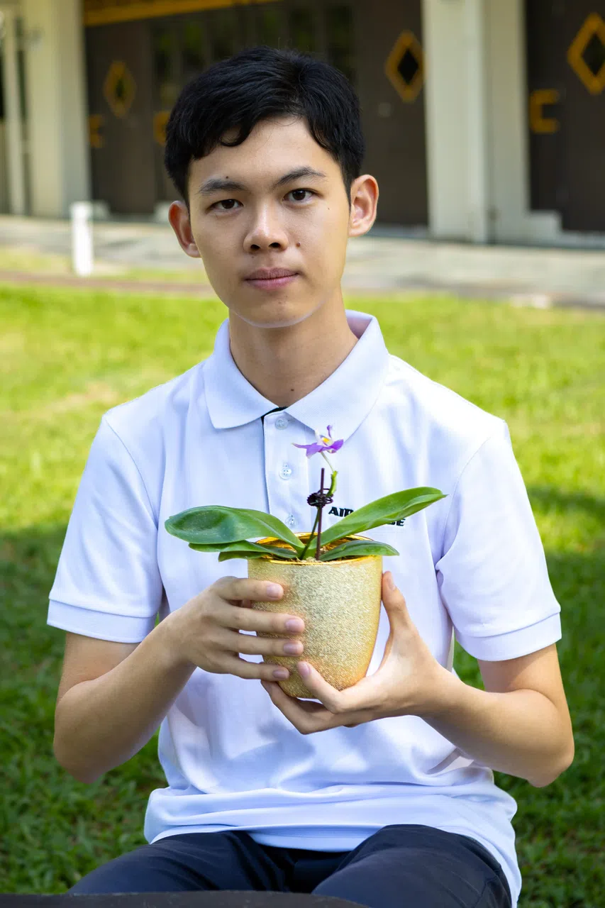 华侨中学校友黄天泰配合华中语特和双文化课程周年庆，将自己精心培植的胡姬花献给母校。这个胡姬花品种正式的注册名称为Phalaenopsis Hwa Yuan HCI。（特约李姿仪摄）