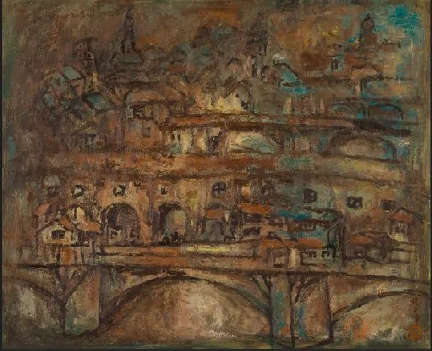 林子平首次到欧洲所做油画《佛罗伦萨维琪奥桥》，带传统水墨画视角。（国家文物局提供）