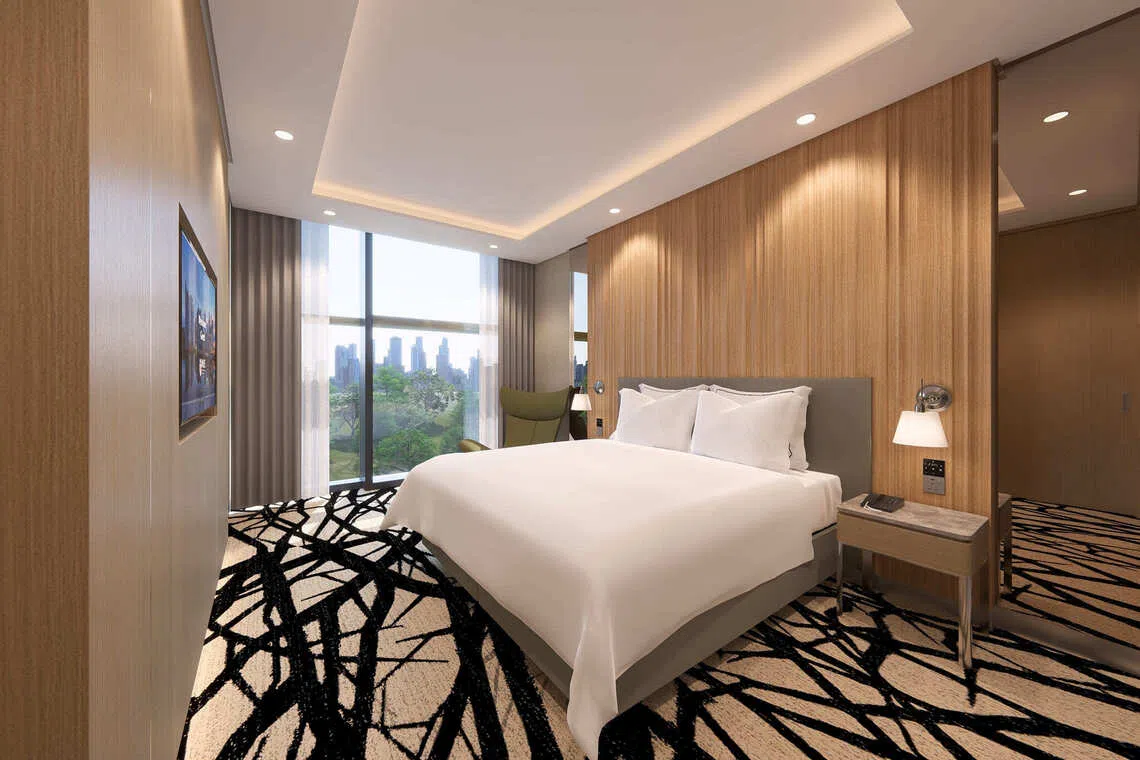 根据新加坡国立大学网站介绍，The Ridge校园酒店共有185间客房，为学生及来访的访问学者和专业人士提供住宿选择。图为酒店套房内部陈设构想图。（构想图取自国大网站）