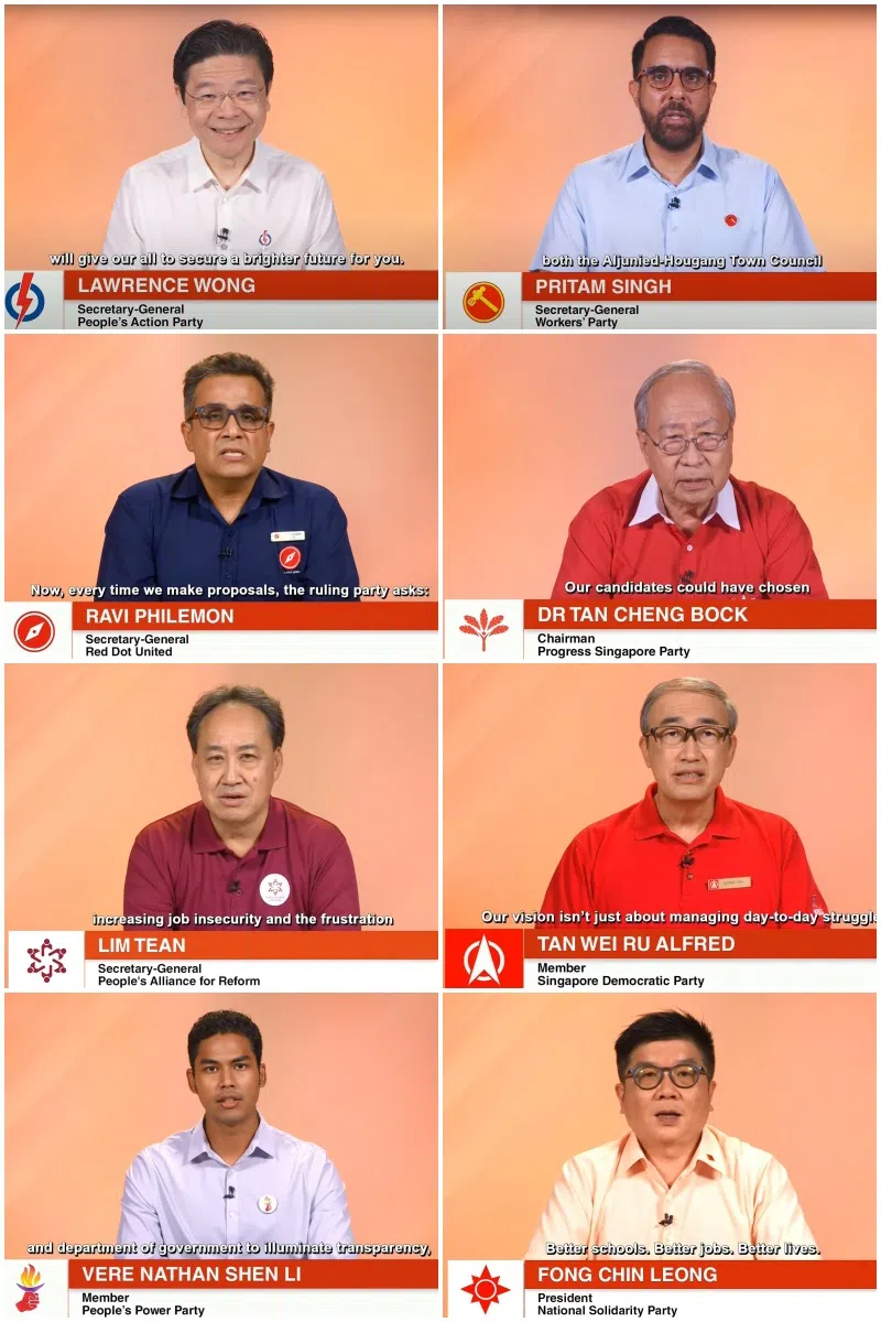 八个政党星期五（4月25日）晚上通过电视和电台频道进行政党竞选广播。人民行动党的英语广播由秘书长黄循财总理（左起、从上到下）宣读。工人党的英语广播由秘书长毕丹星宣读。代表政党进行英语广播的还包括红点同心党秘书长拉维（Ravi Philemon）、新加坡前进党主席陈清木医生、人民联盟秘书长林鼎、新加坡民主党三巴旺集选区候选人陈威儒、人民力量党淡滨尼集选区候选人胜利（Vere Nathan Shen Li），以及国民团结党主席冯展良。（视频截图）