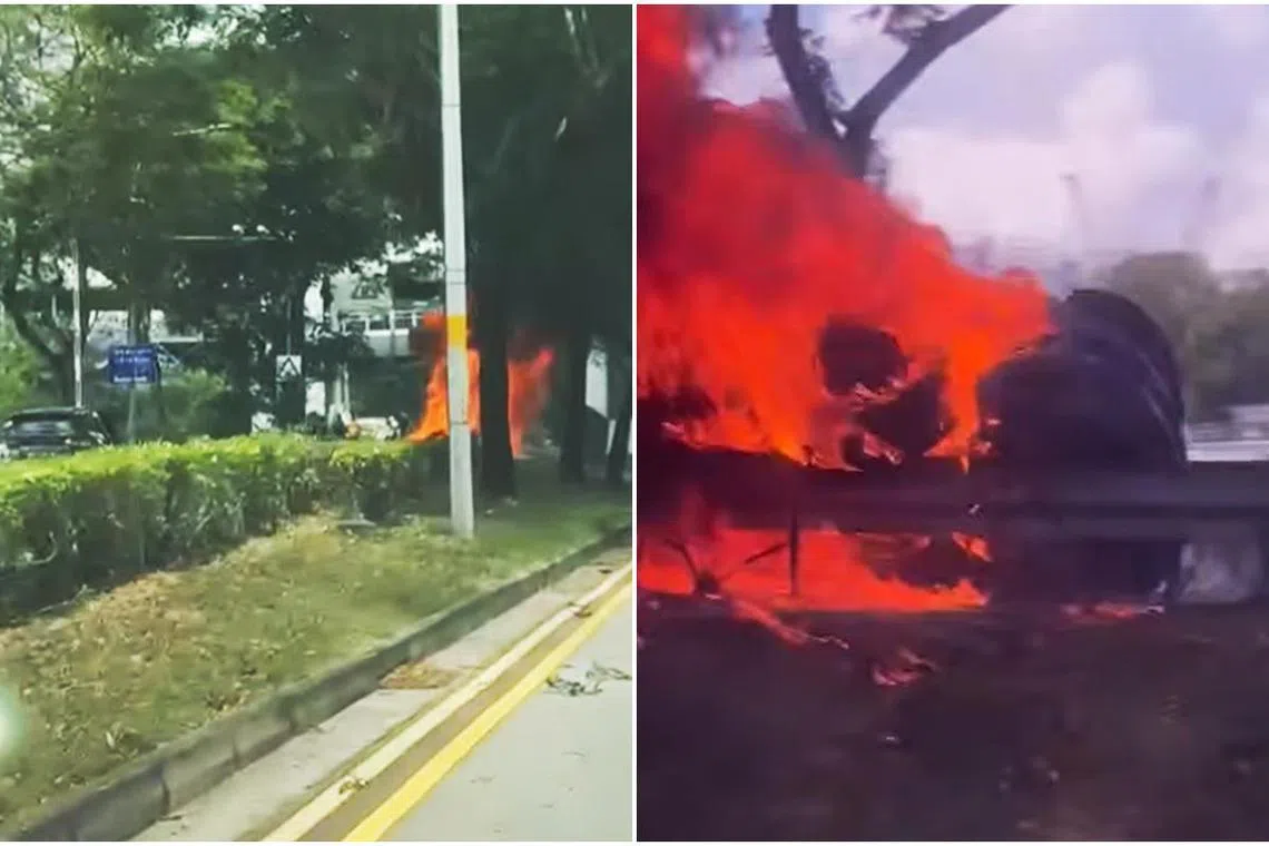 尼诰大道入口处一辆汽车冒起熊熊烈火，附近道路关闭。（取自脸书）