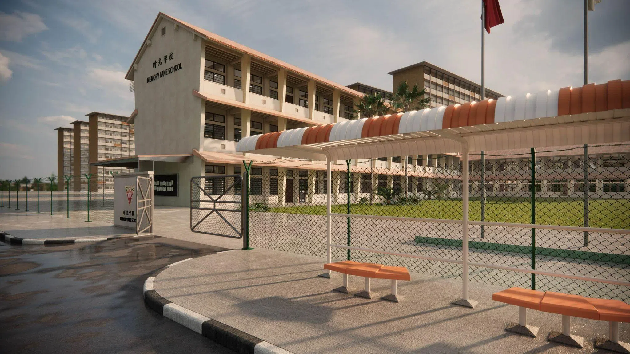 “校园时光机”特展呈现一个仿照六七十年代校园打造的虚拟空间，观众可“走进”教室、礼堂、操场、教师办公室与校门口五大场景。图为校门口画面。（UNIGONS Z团队提供）