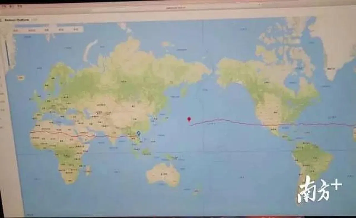 “南方+”客户端刊出的飞艇运行轨迹，飞艇很可能有经过美国南部。（互联网）