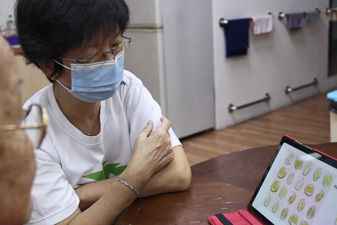 作为乐龄“友伴”，王玉珍（右）所提供的服务，包括陪年长者玩游戏，协助她们保持头脑敏锐。（严宣融摄）