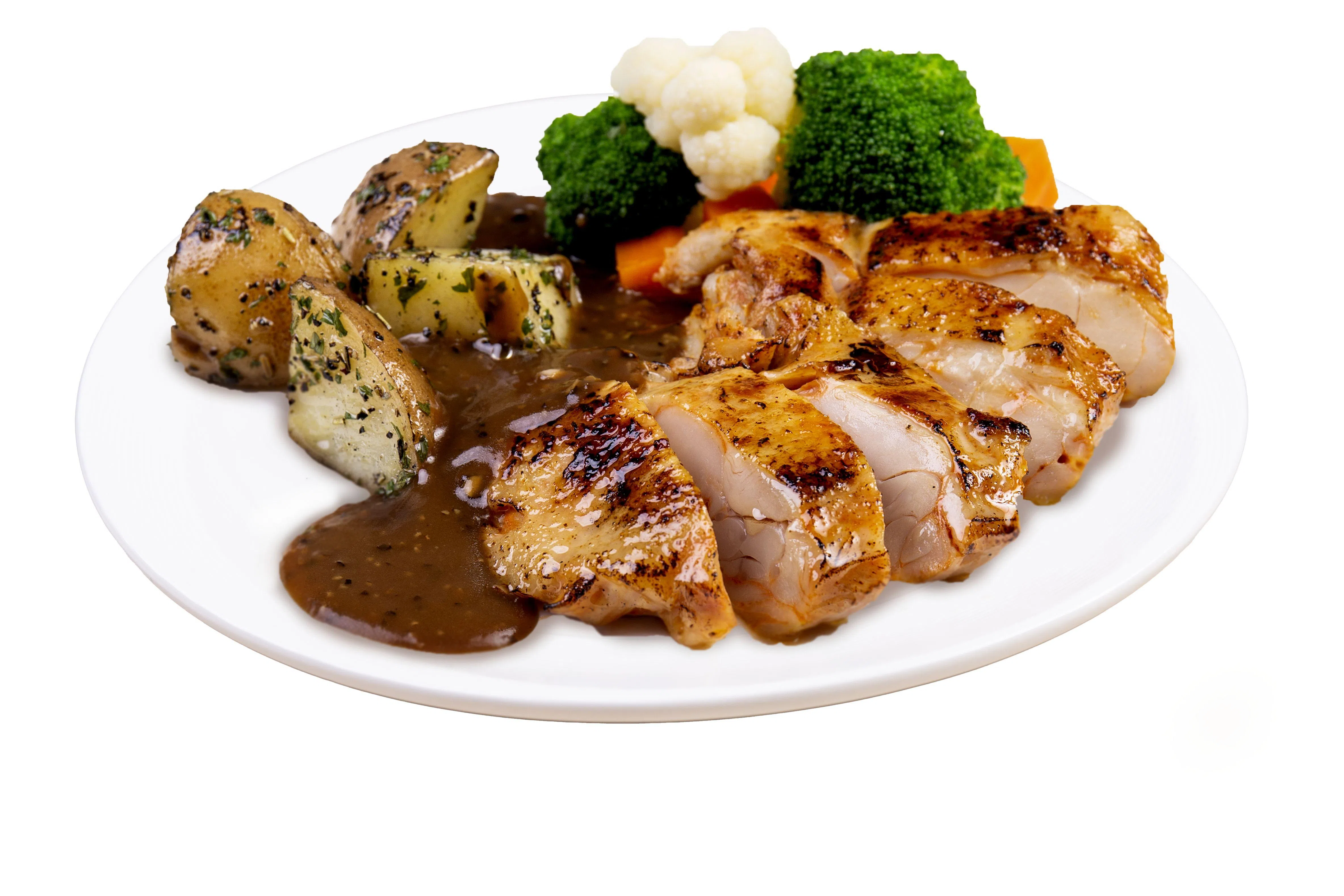 7-Eleven与Andes by Astons餐馆合作推出的黑胡椒烤鸡配烤马铃薯，烤鸡肉质滑嫩。（商家提供）