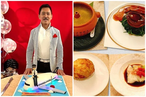 江耀城与生日蛋糕合影（左图），寿宴上美食不少。（互联网）