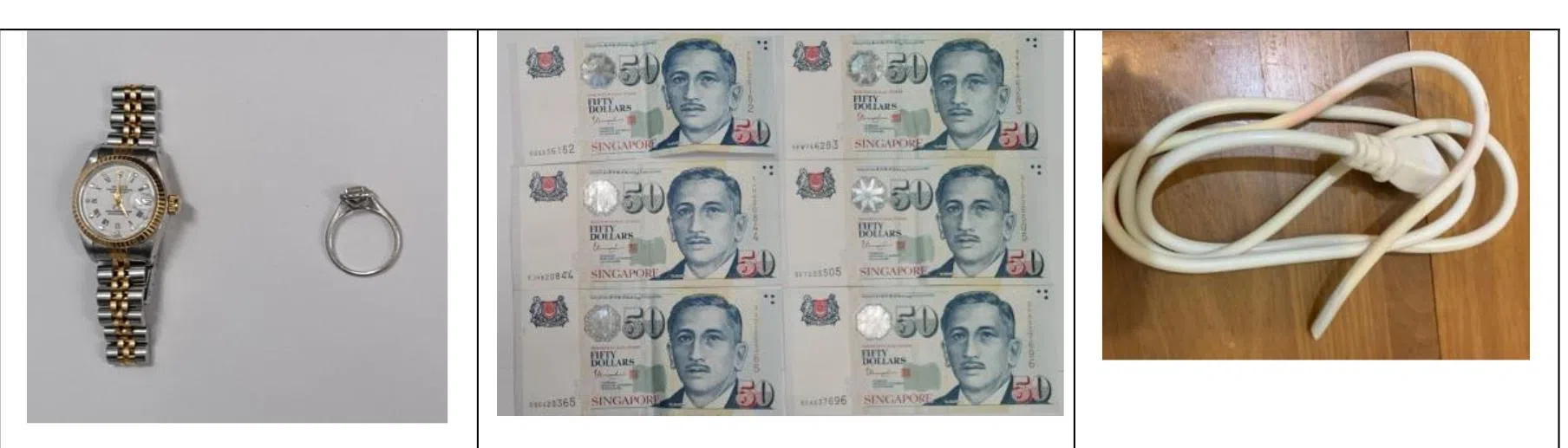 被告用电线勒女房东颈项索要钱财，女房东因害怕交出手表、钻石手链、戒指及提款卡。（新加坡警察部队提供）