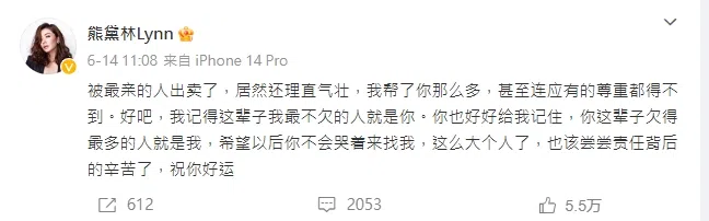 熊黛林今年6月罕见在微薄发文怒轰遭最亲的人出卖，引发婚变联想。（互联网）