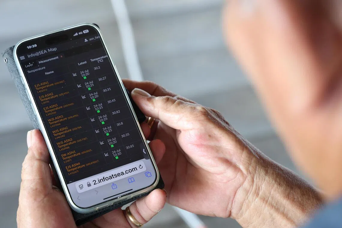 渔场业者沈松发每天都用手机关注水质情况。他说，当局构建的水质监测系统为业者带来很大便利，业者再也无须自行装感应器。（郑一鸣摄）