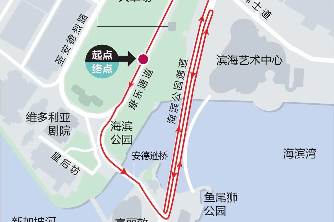 本届保诚新加坡绕圈赛路线图。（联合早报制图）