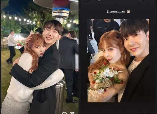 赵权（左图右，右图右）现身泫雅婚礼，与她亲密合照。（取自艺人Instagram）