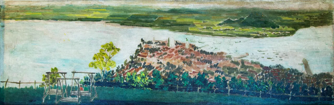 赖凤美作于1963年，描绘槟城升旗山的风景油画。（海卉艺苑提供）