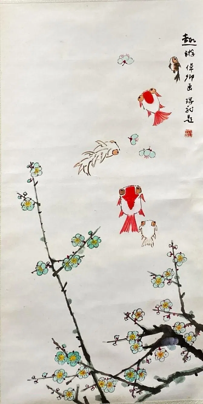 杨倬卿彩墨画《趣游》有赖瑞龙题款。（宣和文物提供）