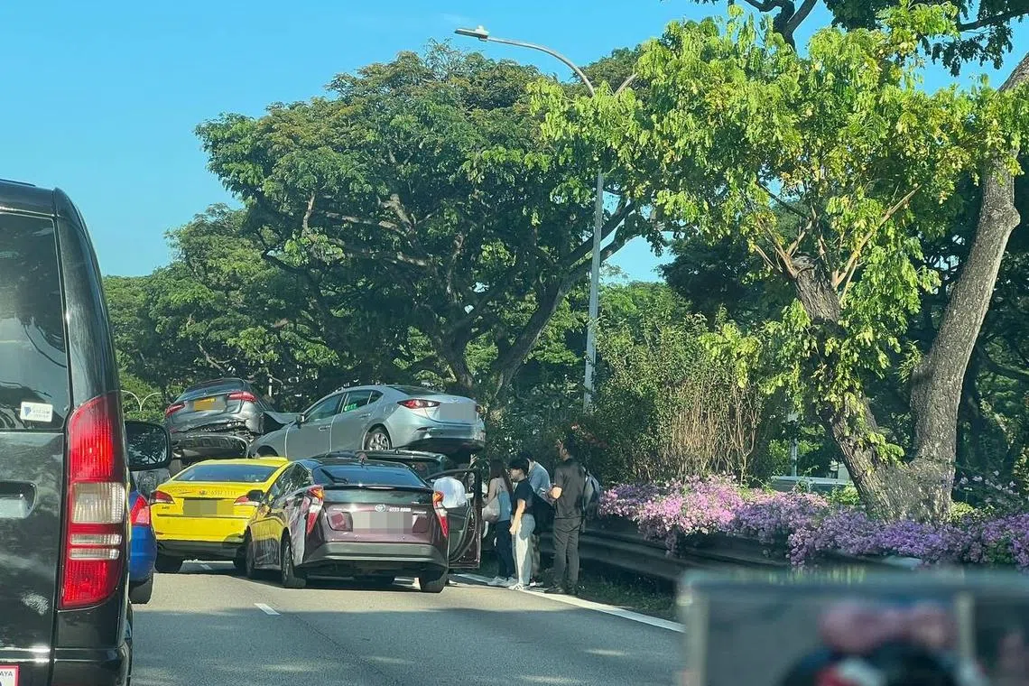 东海岸公园大道靠近马林百列和炮台路位置的路段，在傍晚5时左右发生连环车祸。（受访者提供）