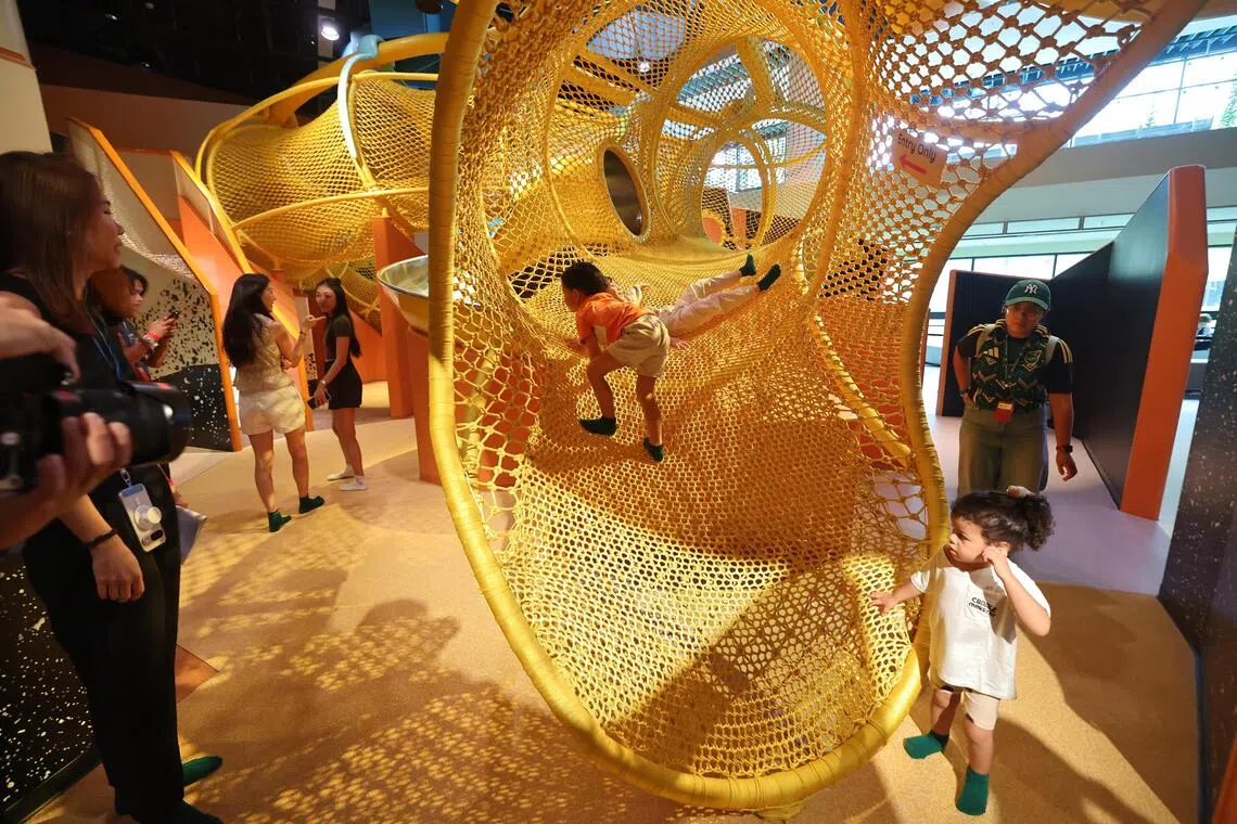 草原之外是广袤的沙漠，在植被稀疏的旱地区也有着意想不到的生物在此生存。小朋友可以钻进以巨蛇为灵感的游乐空间中，在巨蛇蜿蜒的肚子里穿梭，也可以探索地下密道，或者步入黑暗的蝙蝠洞穴，体验沙漠动物如何适应极端环境下的生活。（唐家鸿摄）