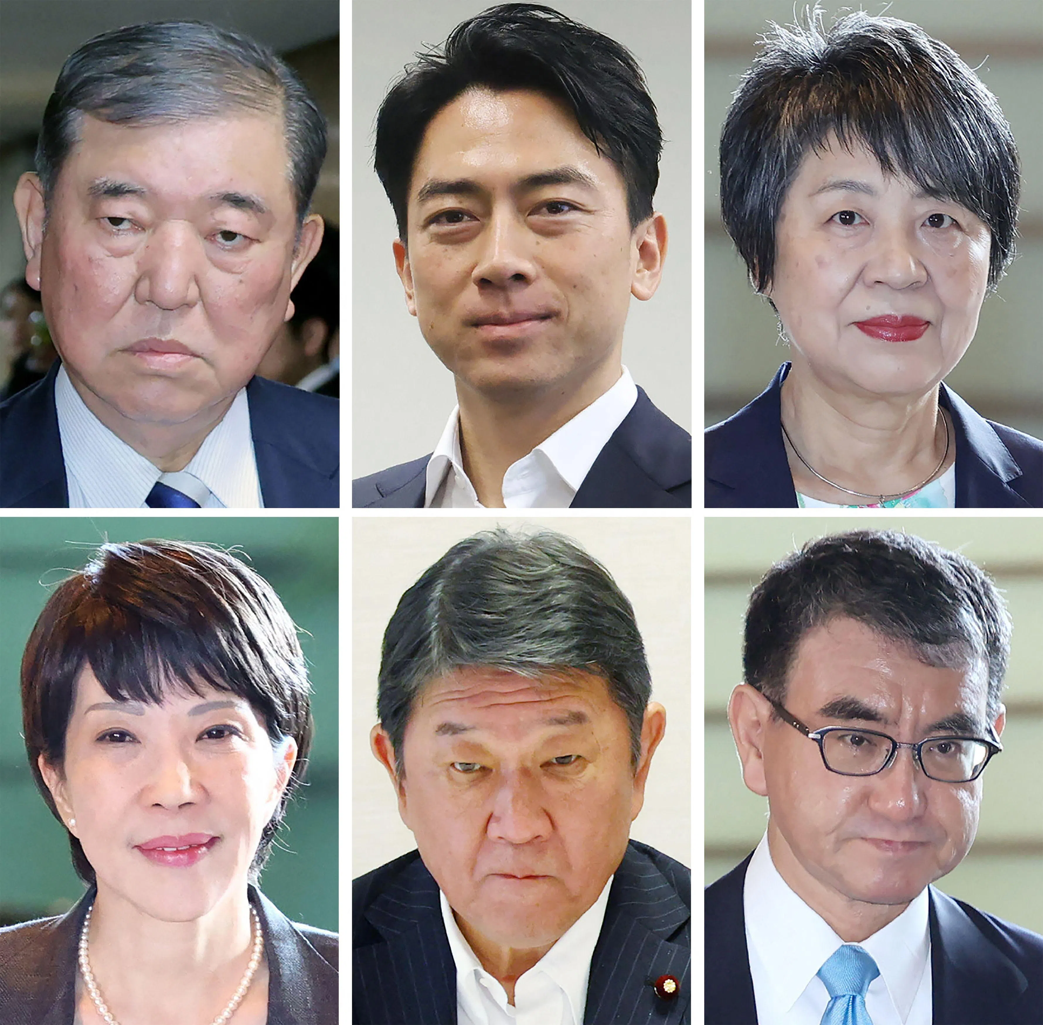 日本媒体称有11人有意竞选自民党总裁，他们包括（左上顺时钟）石破茂、小泉进次郎、上川阳子、河野太郎、茂木敏充和高市早苗。（法新社）