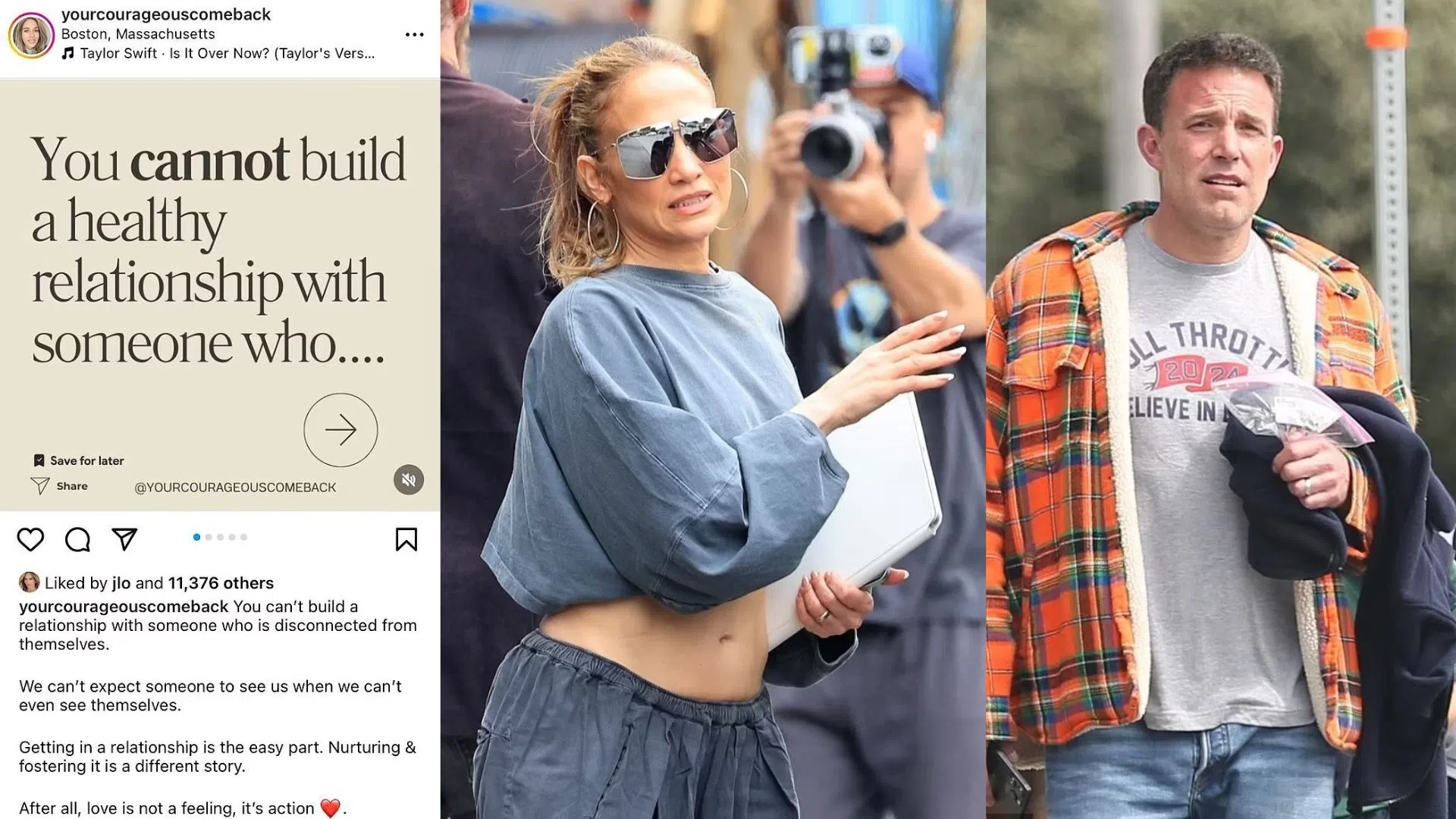 Jennifer Lopez点赞了关于两性关系不合的帖文（左图），但她和老公最近都被拍到还带着婚戒。（互联网）