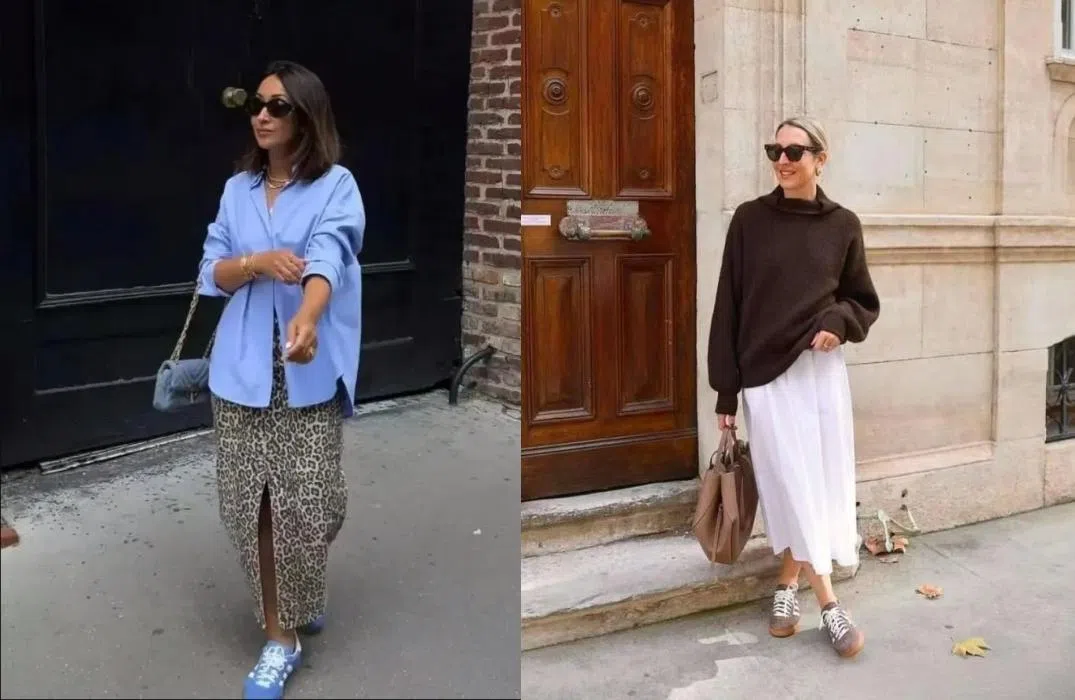 德训鞋搭配半身裙，恰到好处地平衡温柔与休闲。（互联网）