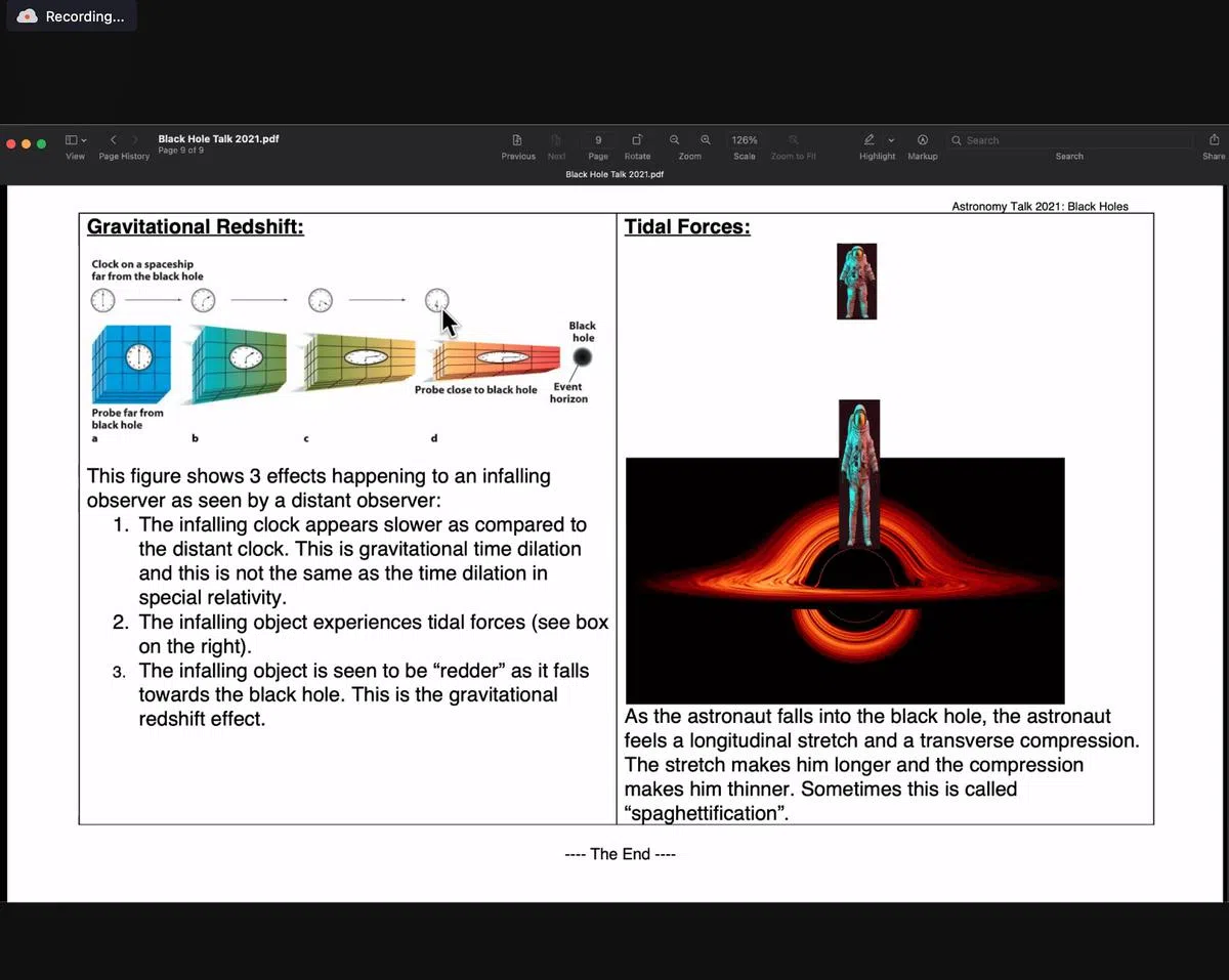 讲师用图像解释抽象的知识如引力红移（Gravitational Redshift）和潮汐力（Tidal Forces），帮助学生更好地掌握天文奥秘。（华中提供）