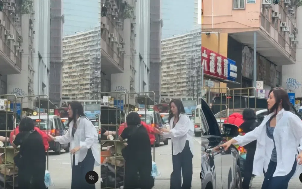 唐诗咏协助老婆婆推车的过程，被后方车辆的行车记录仪拍下。（互联网）