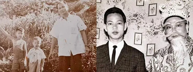 罗家英（左图左起）六七岁时，与二弟罗耀堂及父亲罗家权摄于香港“鸡寮”（现翠屏邨一带的徙置屋邨旧址）后山。右图为19岁的罗家英（左）与父亲合照。（受访者提供）
