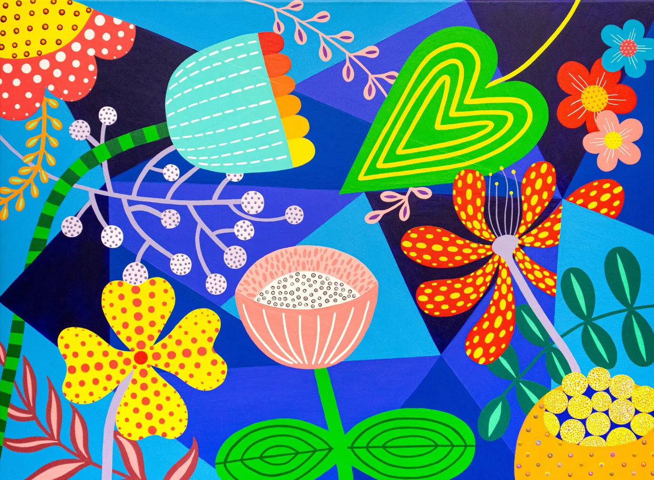陈凯胶彩画“幸福的花园”作品之一。（新加坡特殊才艺协会提供）