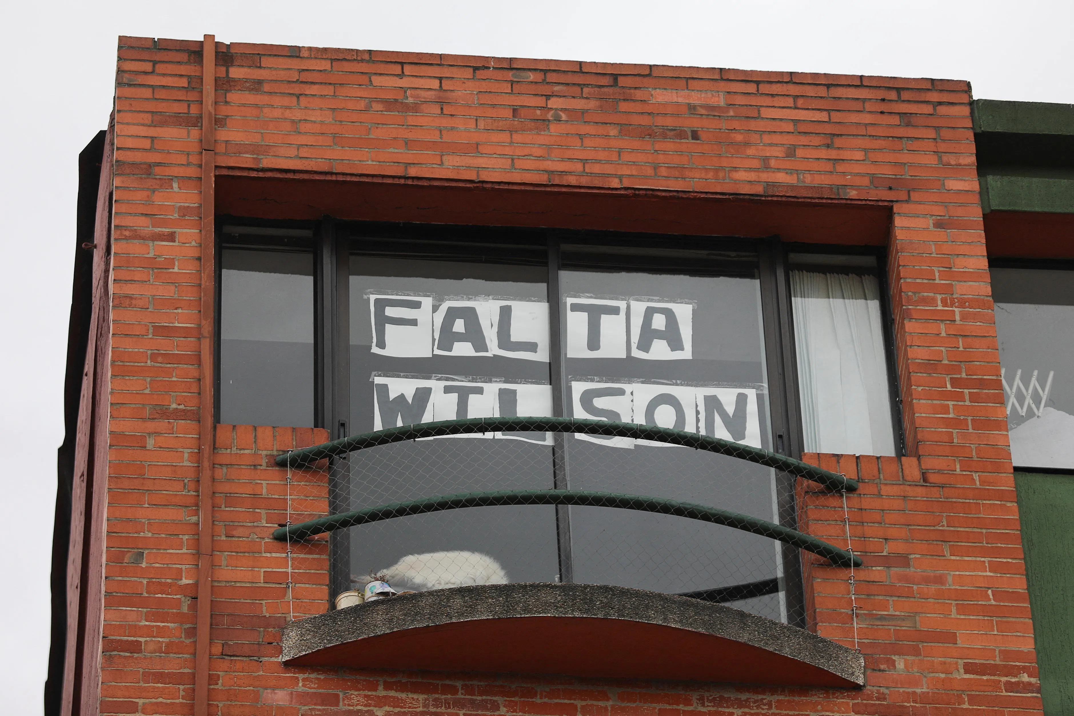 有人在窗口上贴上了“威尔逊失踪”的字眼。威尔逊是一只军犬，它在行动中失踪，军方正寻找它的踪迹。（路透社）