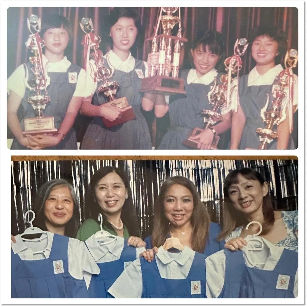 上图：在圣尼各拉女校就读时，陈淑珊（右二）与另三名同学一起参加校际化学比赛，赢得了奖杯。下图：在校友聚会上，她们四人重新站在多年前相同的位置留影，手里拿着旧校服。（受访者提供）