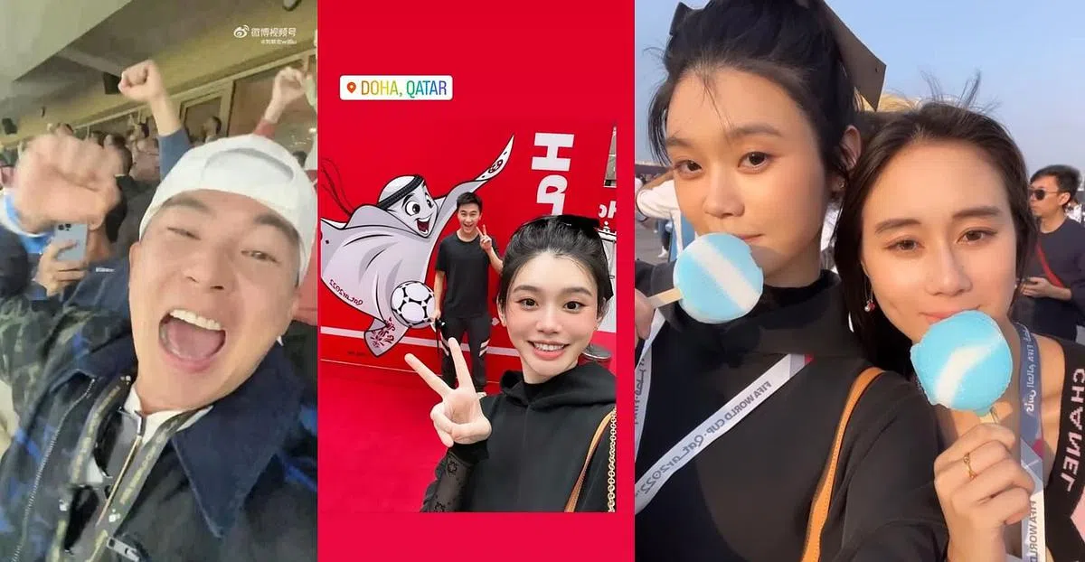 （左起）刘畊宏、何猷君、奚梦瑶及何超欣（右）都亲赴卡塔尔看球。（取自艺人社媒）