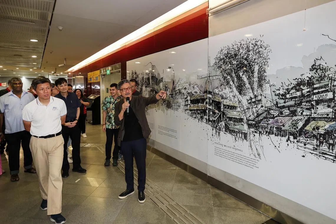 丹戎巴葛集选区议员、教育部长陈振声（前排左）担任壁画揭幕仪式的主宾，由壁画创作者陈树才（前排右）讲解创作背景，所采用的创作手法为洗法（Wash），以便更好地展现出社区特有的活力。（陈斌勤摄）