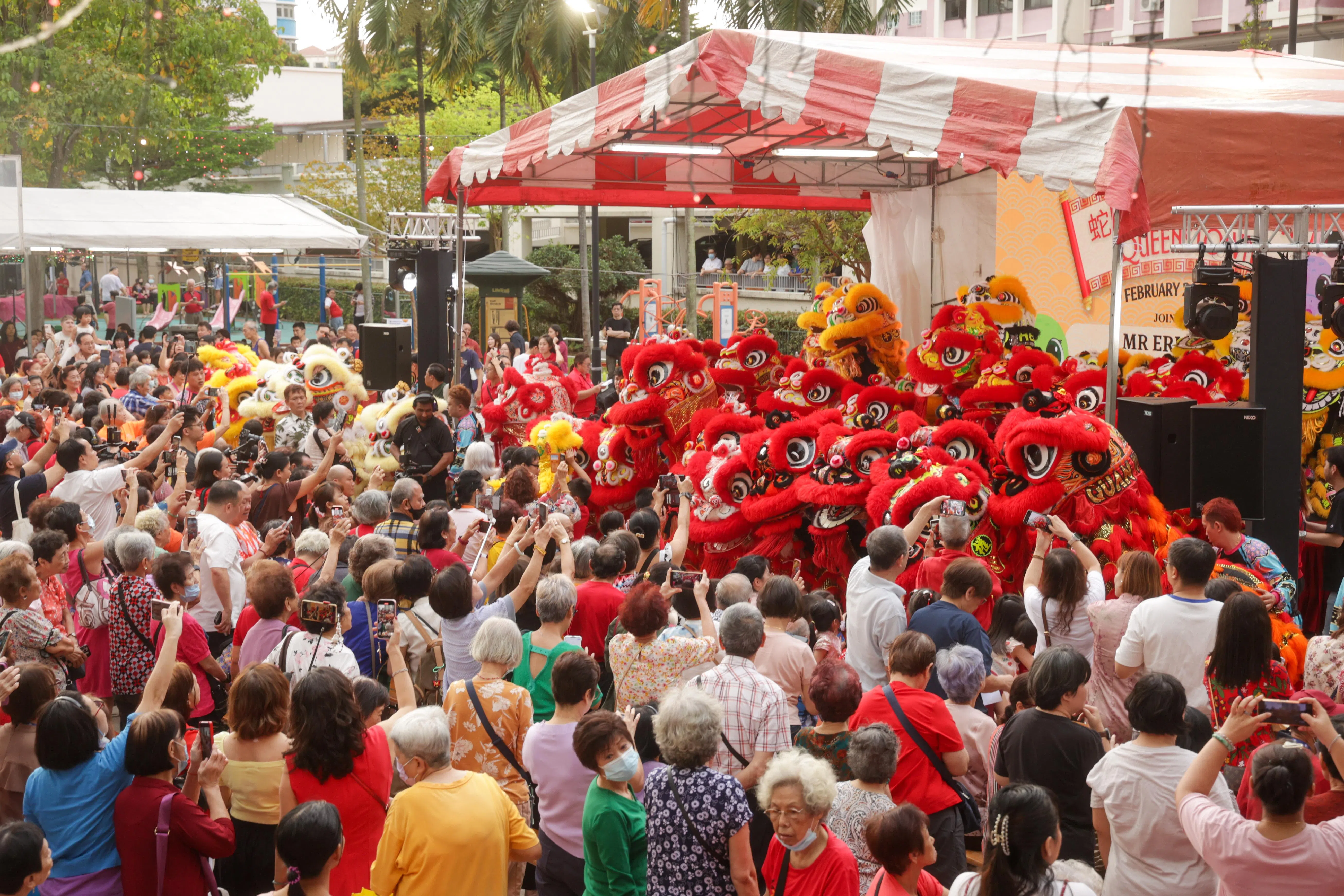 舞台演出包括38头瑞狮呈现的舞狮表演，居民纷纷拍照录影留念。（蔡家增摄）