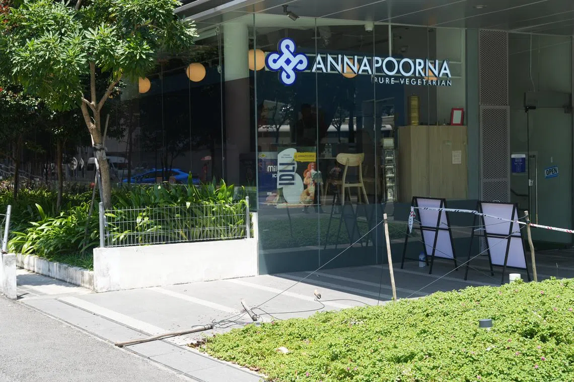诺富特酒店酒店旁一素食餐厅旁的草丛围栏被破坏，周围也血迹斑斑。餐厅老板透露闭路电视有拍到案发画面，但警方交代要保密。（谢智扬摄）