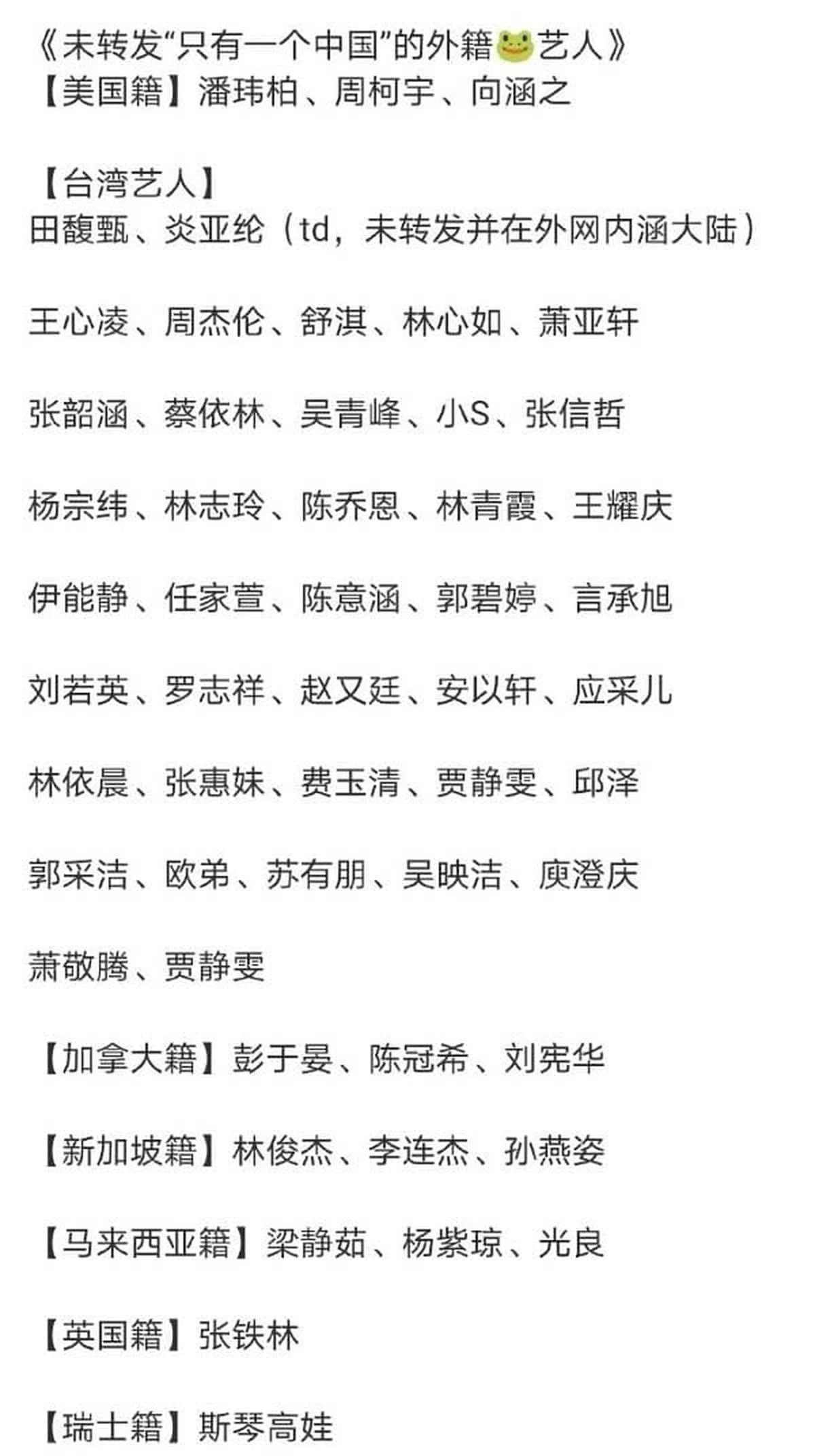 大陆网民整理出没有表态“只有一个中国”艺人清单，其中包括林俊杰、孙燕姿等。（微博） 