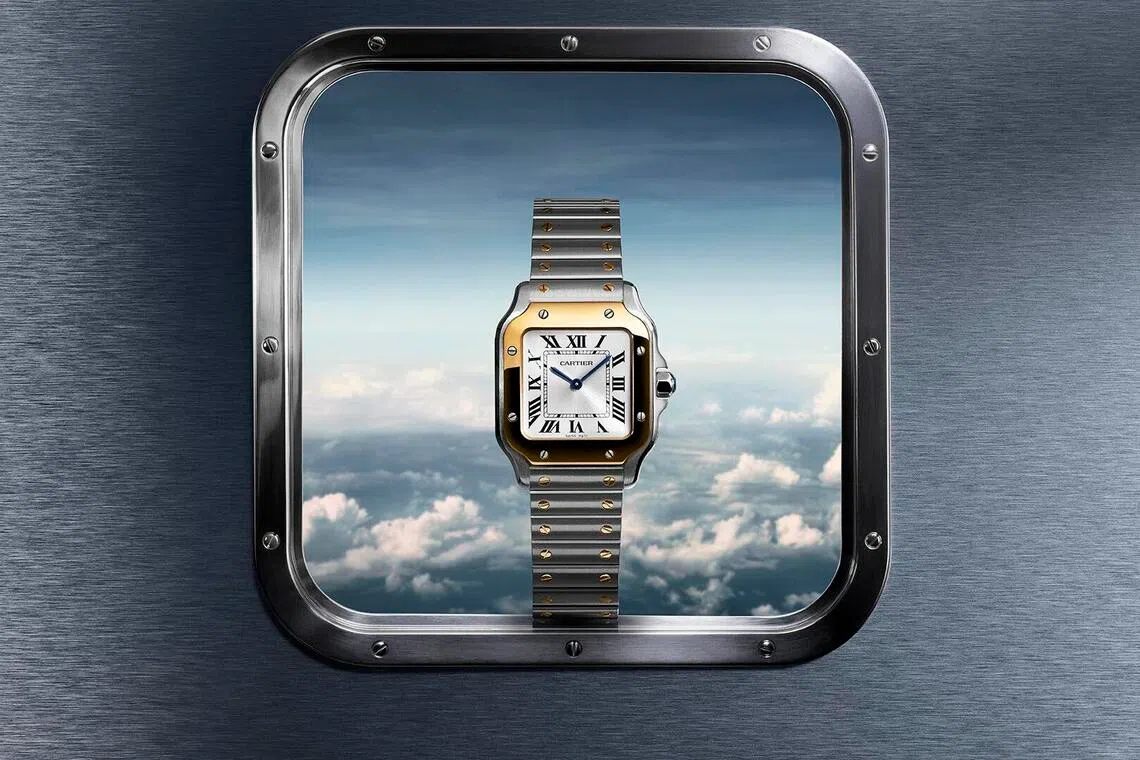 Santos de Cartier方形表壳打破圆形表盘惯性，外露螺钉让原本隐藏的结构变成美学元素。（卡地亚提供）