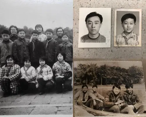 郭亮（左图第二排右二）八九岁时与同学合照；郭亮12岁（右上图右）和19岁时的对比；郭亮（右下图左一）17、18岁念高中时摄。（受访者提供）