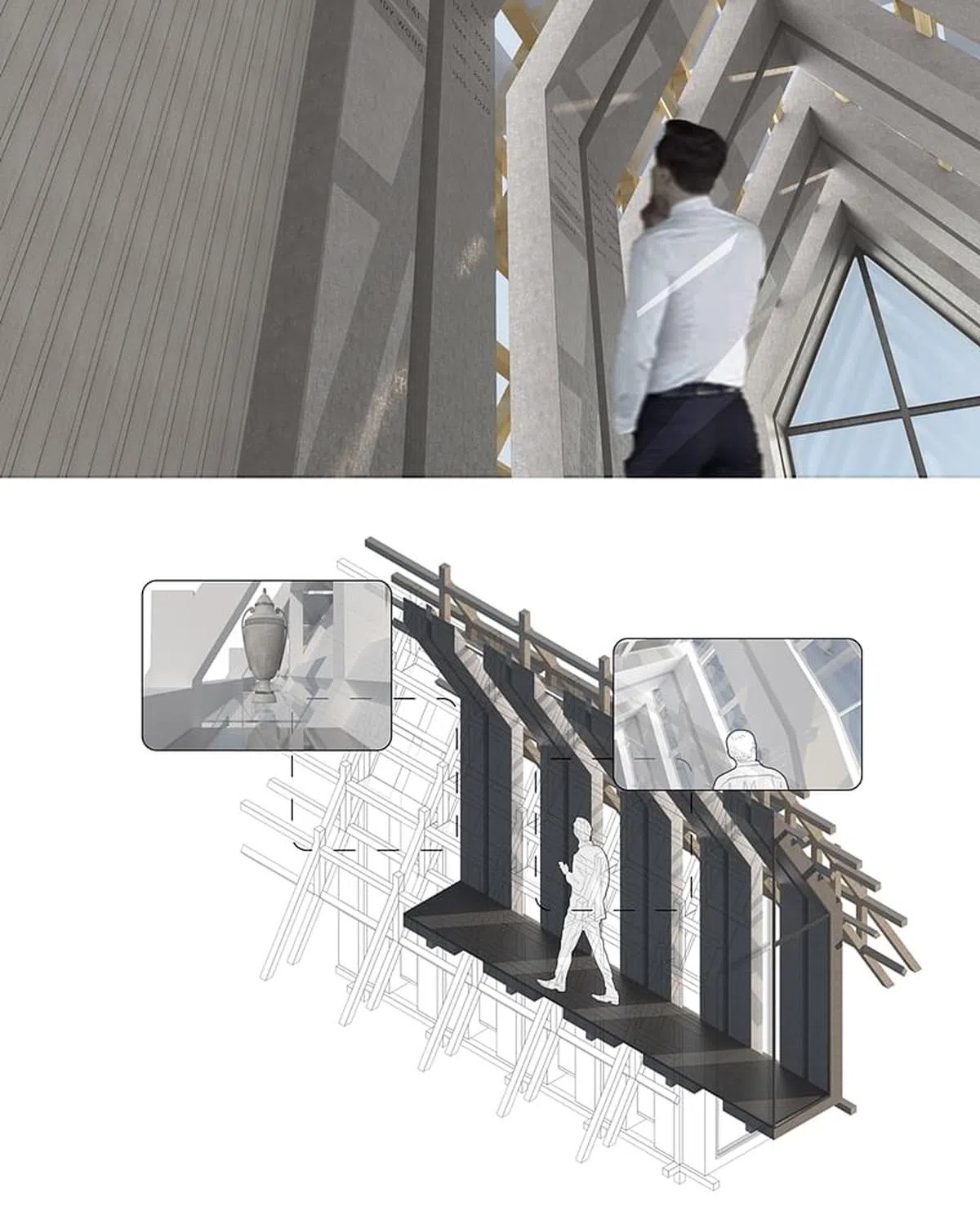 黄耀慷的设计构想“长屋”，将独居老人的骨灰塔设在市区店屋内，类似纪念碑形式，让上班族追思。（受访者提供）