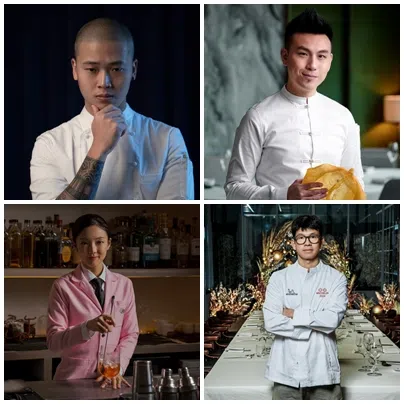 三大亚洲名厨刘禾森（左上角起顺时针方向）、郑永麒和林正植。左下图为著名调酒师戴钰芹。（东方快车提供）