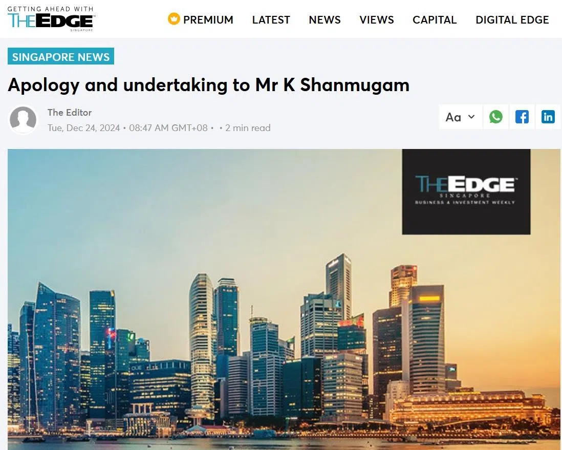 网络财经媒体The Edge Singapore，星期二上午8时许在网站上发布道歉声明。（网站截图）