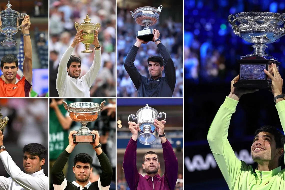 澳网是阿尔卡拉斯的第七个大满贯锦标，他此前在法网、温网和美网各赢得两冠。（法新社）