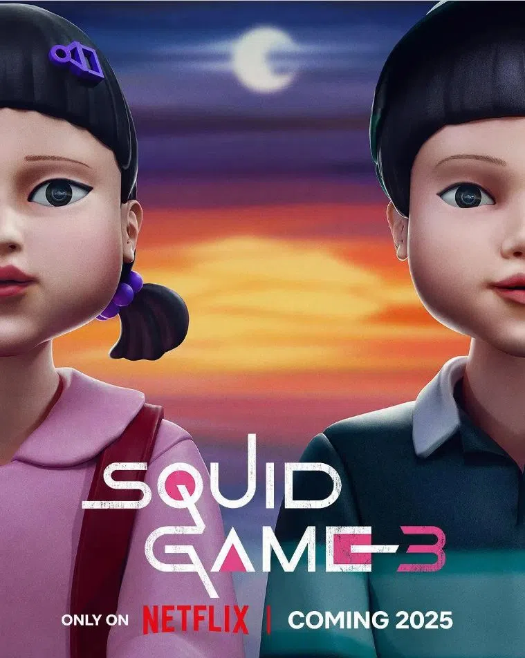 《鱿鱼游戏》释出的第三季海报，显示可能会出现新版男性木偶娃娃。（互联网）