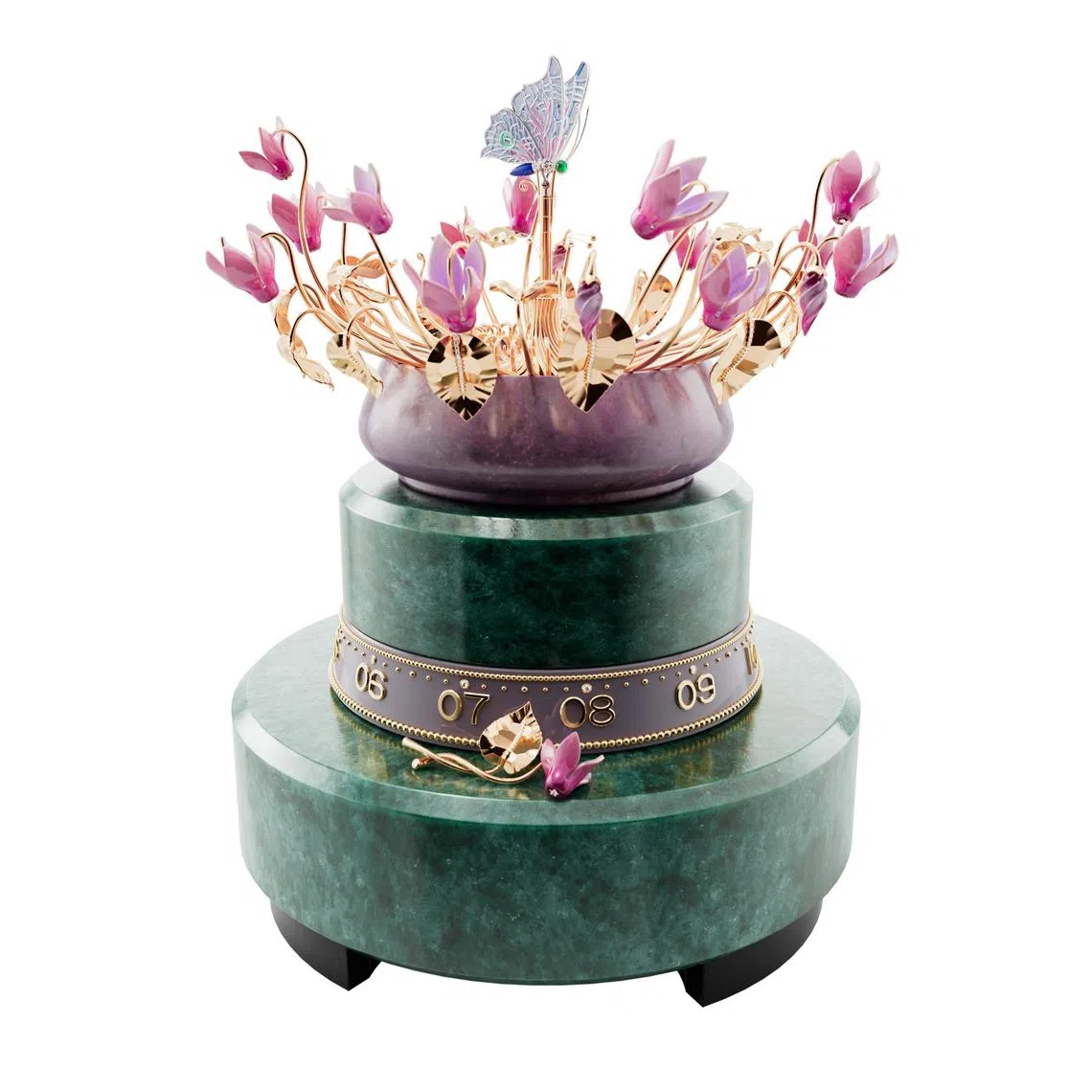 梦醒仙客来自动机械装置的自动上链机械机芯可提供8日动力储备，启动时特别编制的清脆声音由钟琴奏出。（梵克雅宝提供）