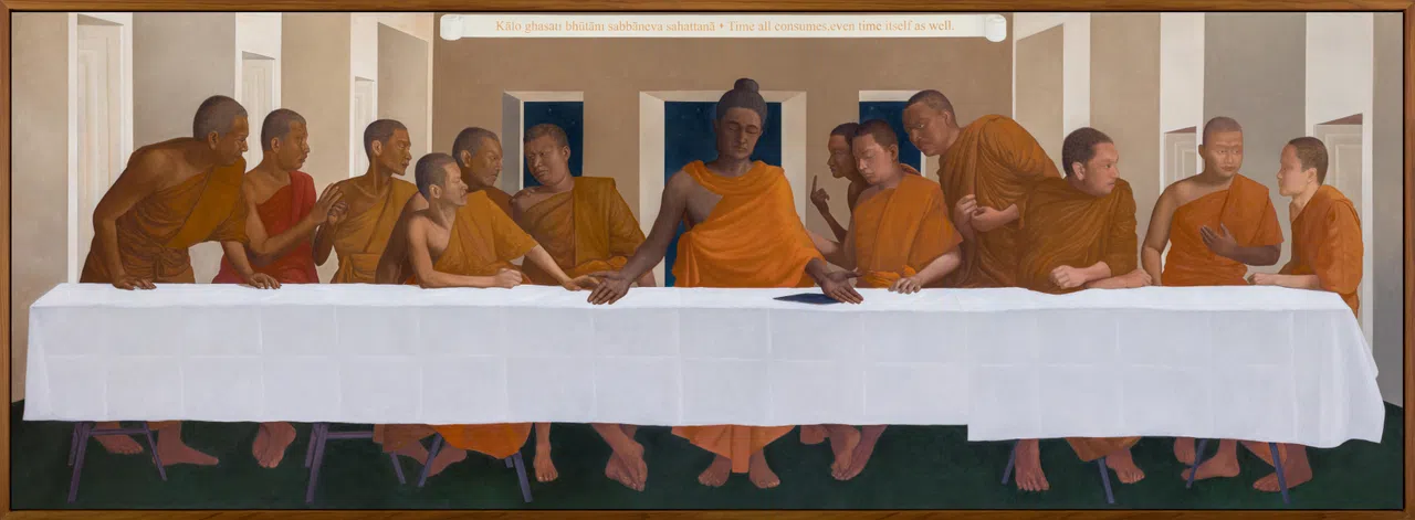 纳堤·尤塔瑞油画《毗舍离最后的遗言》（2018）改写达·芬奇《最后的晚餐》。（私人美术馆提供）