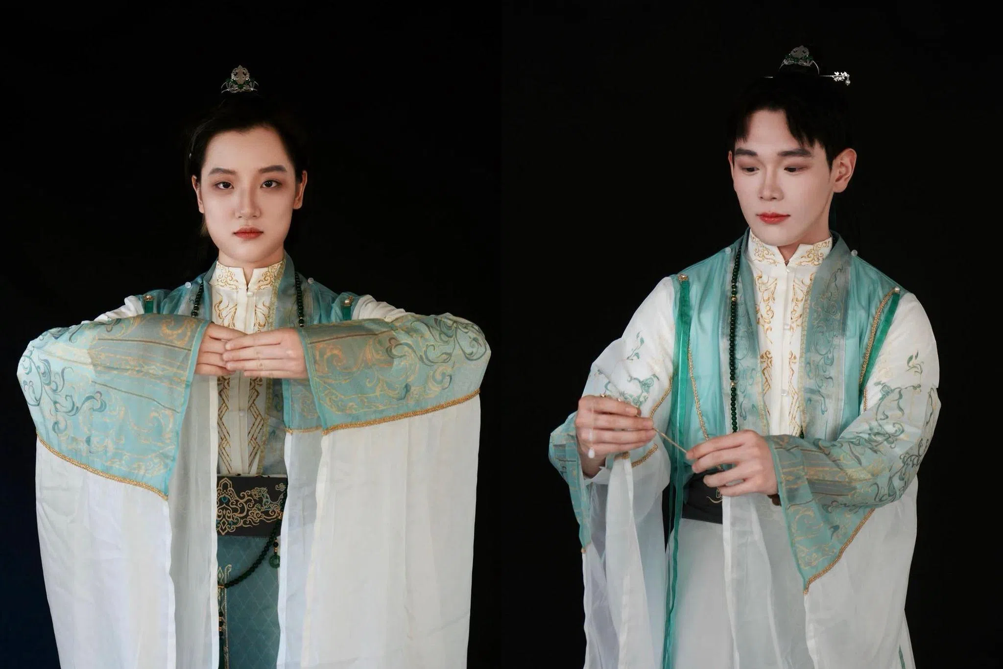 《灵河》第三场演出为性别转换场，杜依雯（左）将饰演男主沈承继。胡庭源（右）为该角色原饰演者。（取自九十度话剧社IG）