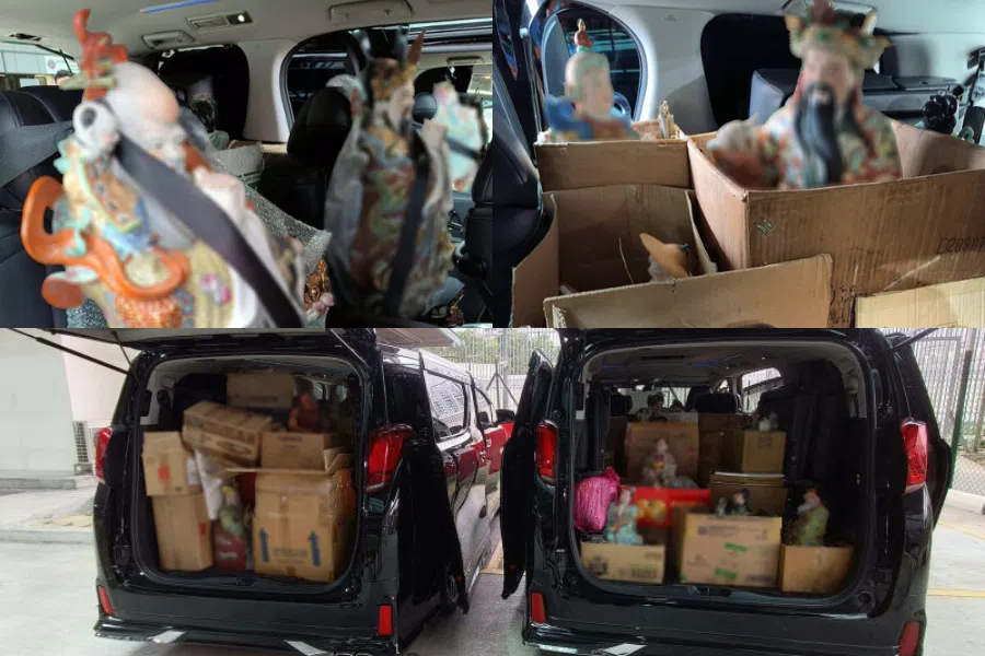 一名男子替人送货时，在兀兰关卡的关税局申报自助亭申报不果，执法人员于是进一步查询，结果在两辆车上发现一些未申报物品。（新加坡关税局提供）