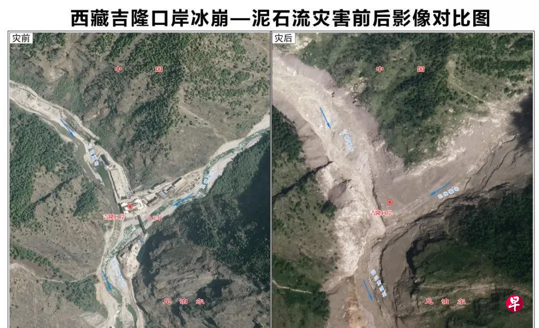 尼中泥石流：对比图显示吉隆口岸建筑已夷为平地